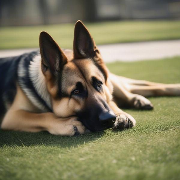 Dog resting after playtime at the dog park