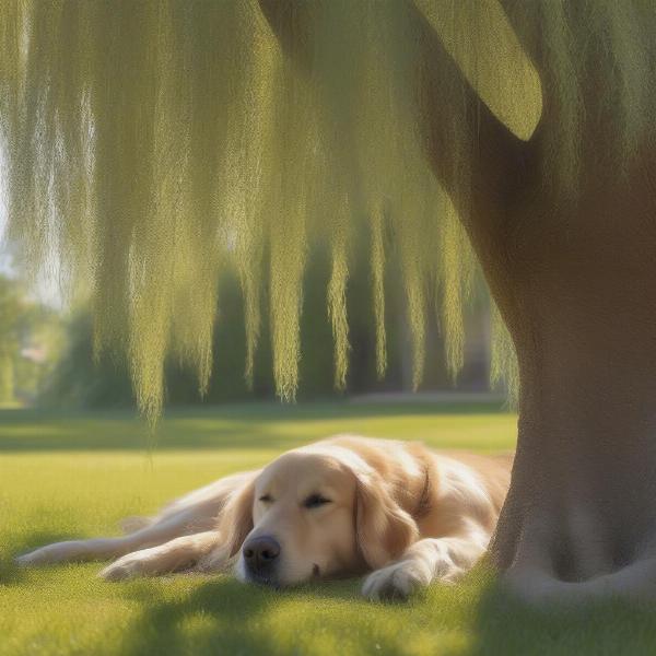 Dog resting peacefully under the shade of a willow tree