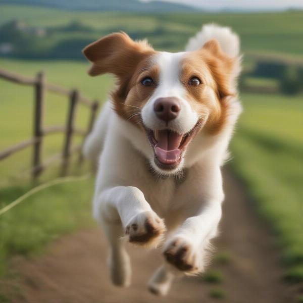 Dog running freely in a large field with trees and a fence in the background