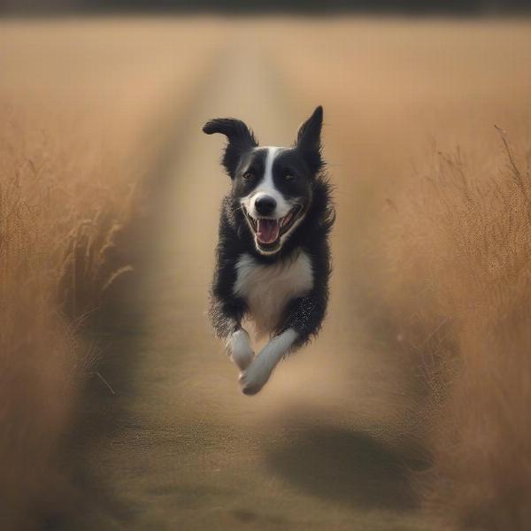 A dog running freely in a field