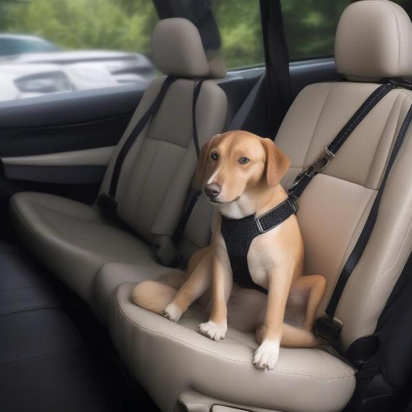 Dog Safely Secured in Car with Backseat Extender and Harness