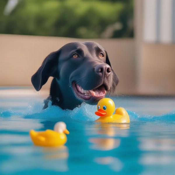 A dog safely playing with a rubber duck in a pool under supervision.