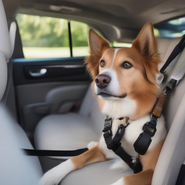 Dog safely secured in car with harness and extender