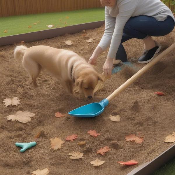 Cleaning and maintaining a dog sandpit by raking and removing debris