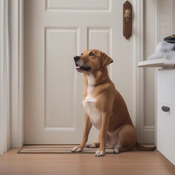 Dog sitting calmly by the door after training