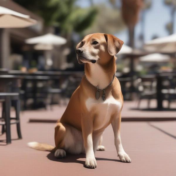 Dog sitting patiently on a restaurant patio in San Diego