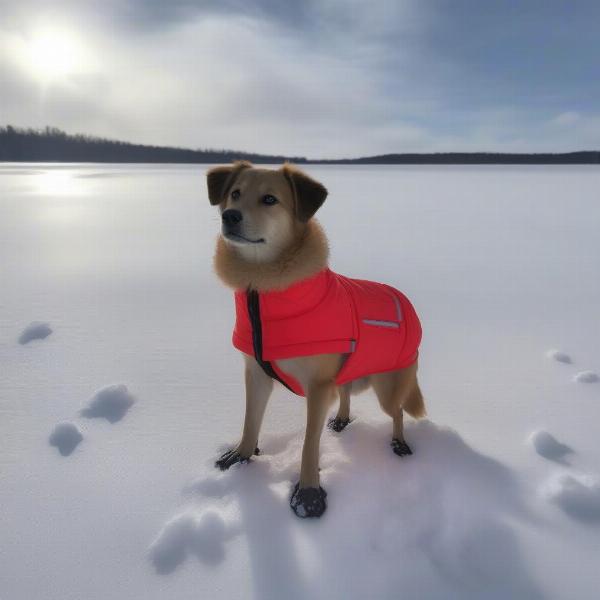 Essential gear for dogs at a ski resort: a warm coat, booties, and a reflective collar.