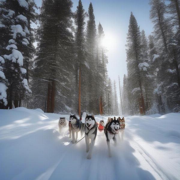 Dog sledding through snowy trails in Winter Park, Colorado