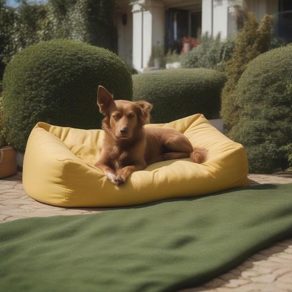 Dog relaxing on a bean bag bed in a garden.