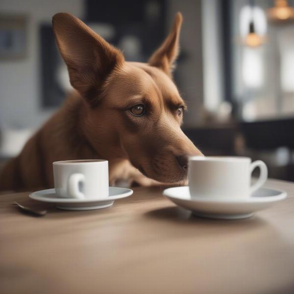 Dog smelling a coffee cup