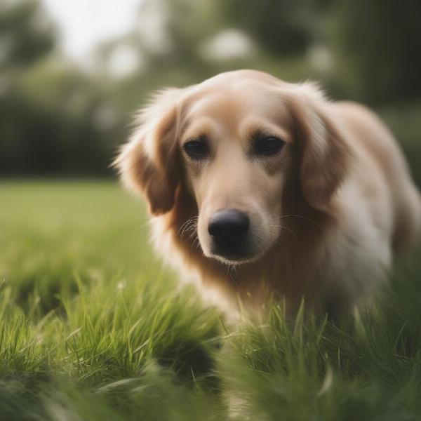 Dog sniffing the grass during a walk