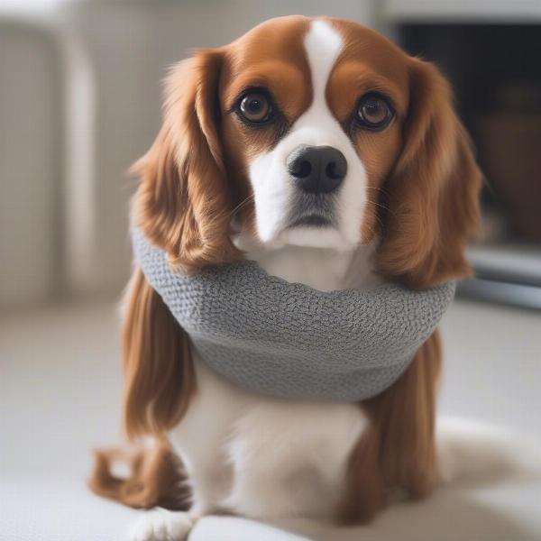 Dog wearing a snood during mealtime