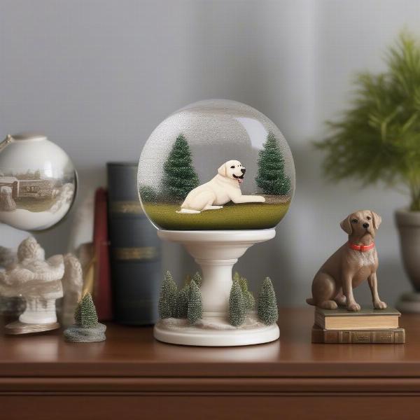 Dog snow globe displayed on a bookshelf amongst other home decor items.