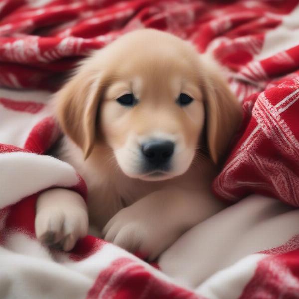 Dog Snuggling Under a Christmas Blanket