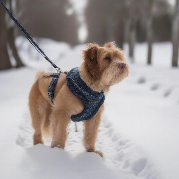 A dog wearing a sweater with a harness hole on a winter walk