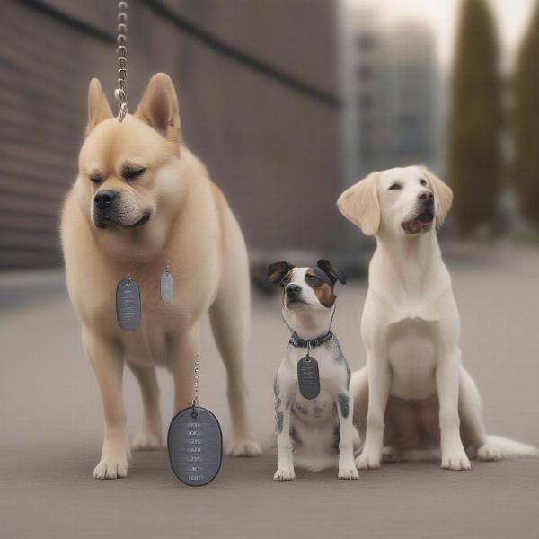 Dog tags in different sizes and shapes suitable for various dog breeds.