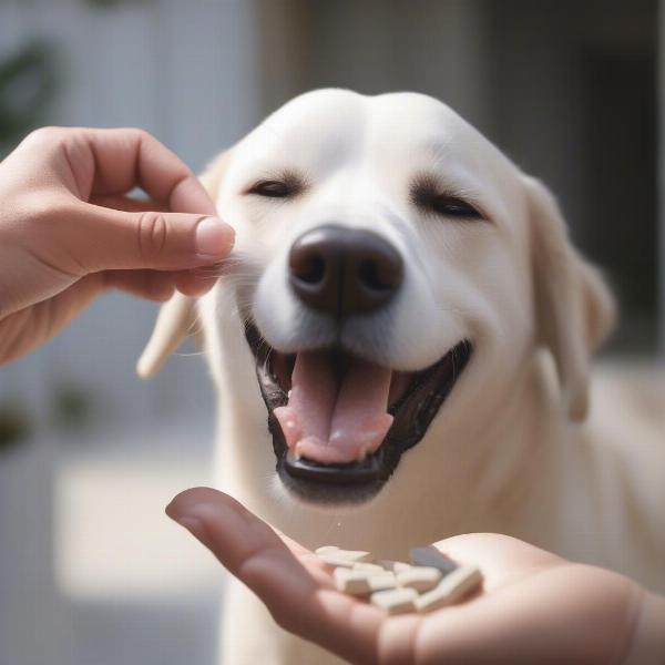 Dog taking a worming tablet