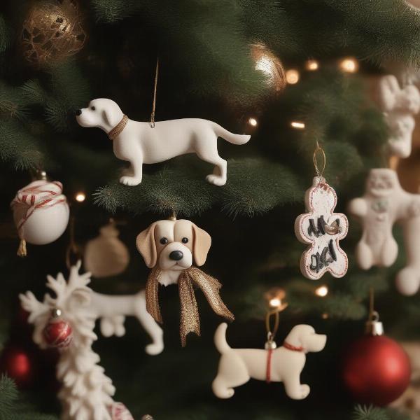 Various dog-themed Christmas ornaments hanging on a tree