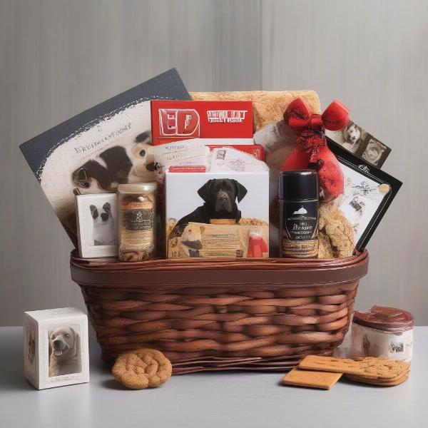 Dog-themed gift basket with playing cards