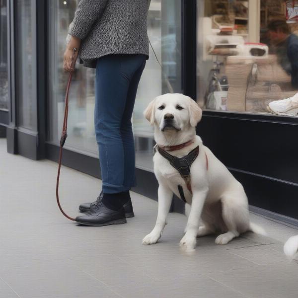 Dog tied up outside a store