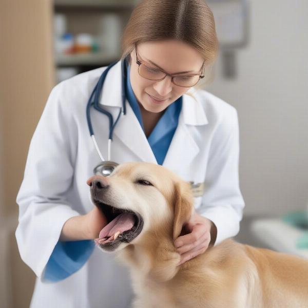 Veterinarian examining a dog with its tongue sticking out