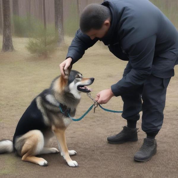 Dog trainer fitting a prong collar on a wolf dog