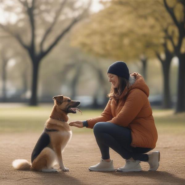 A dog owner training their dog with treats