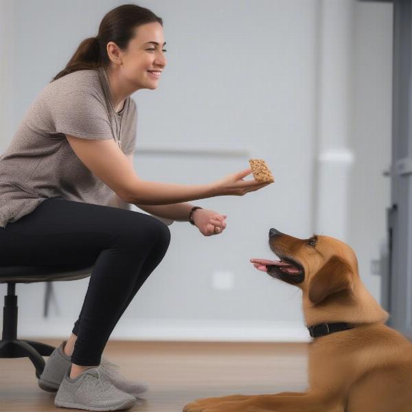 Dog receiving a treat during training