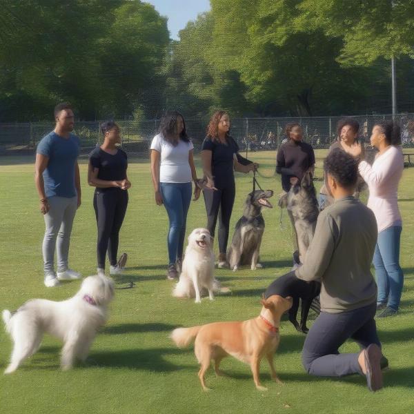 Dogs participating in a group training class in Queens, NY