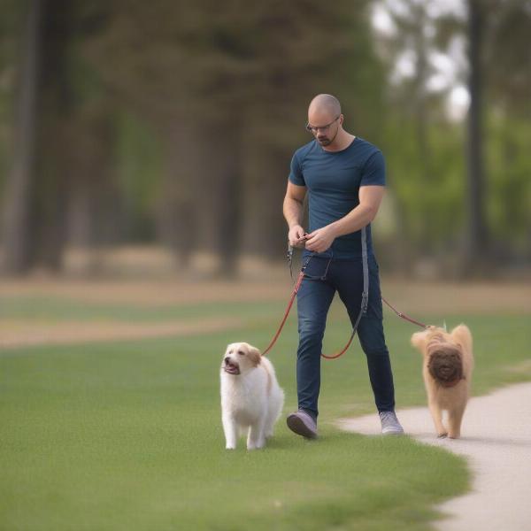 Dog training with double handle leash for better control and communication