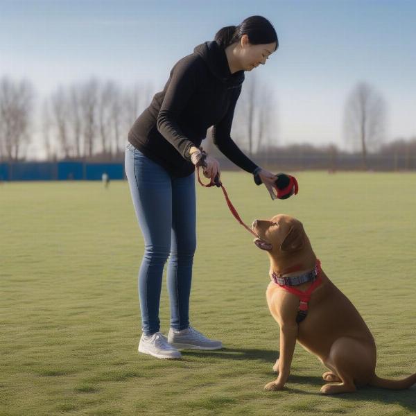 Dog training with a toy on a lead