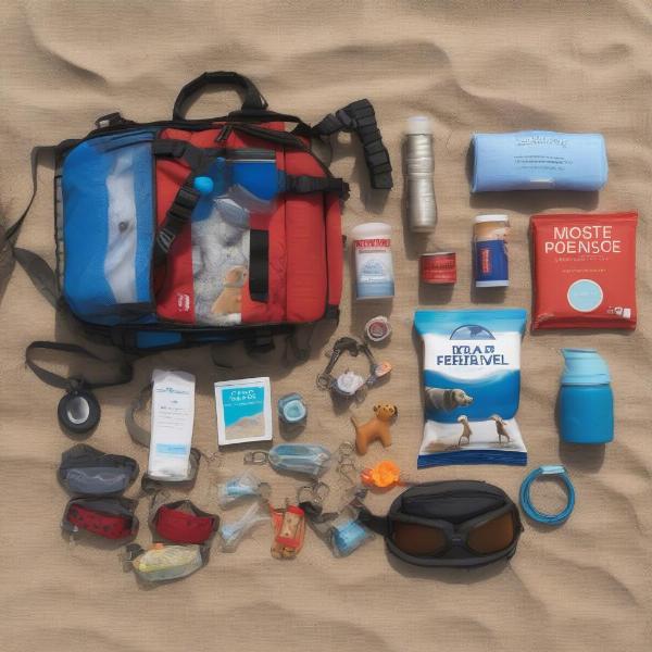 Dog travel essentials for a trip to West Wittering including food, bowls, leash, collar, toys, and medications.