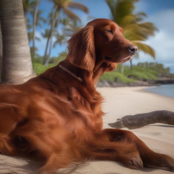 Dog relaxing under a palm tree in Hawaii