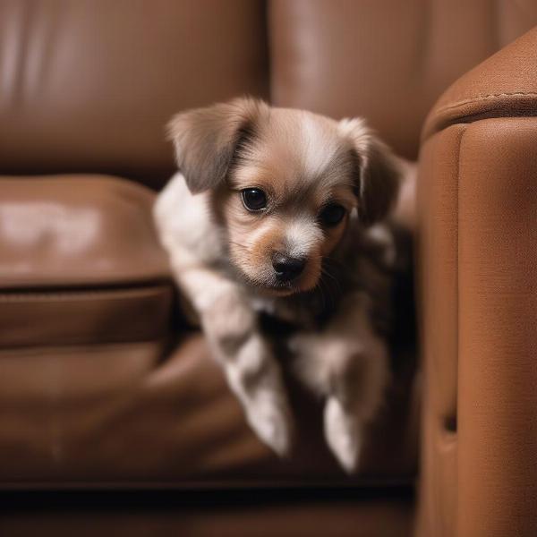 Dog urinating on a leather couch