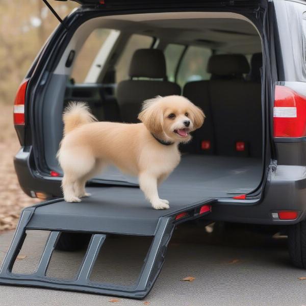 Dog using a folding ramp to access a car