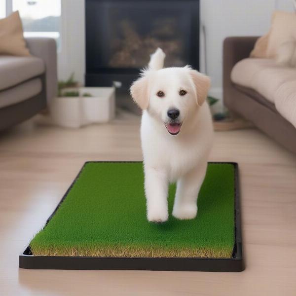 A dog using an indoor potty grass patch