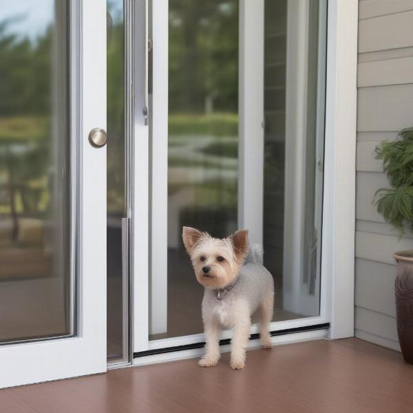 Dog comfortably using a patio dog door.