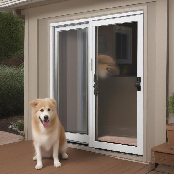 A dog happily using a dog door installed in a patio door.