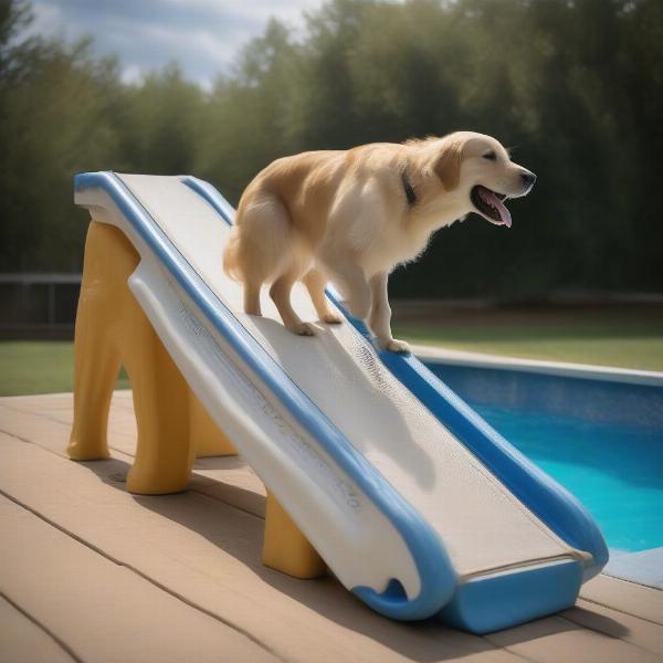 Dog using a pool ramp