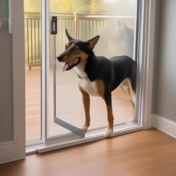 Dog Using a Dog Door in a Sliding Screen Door