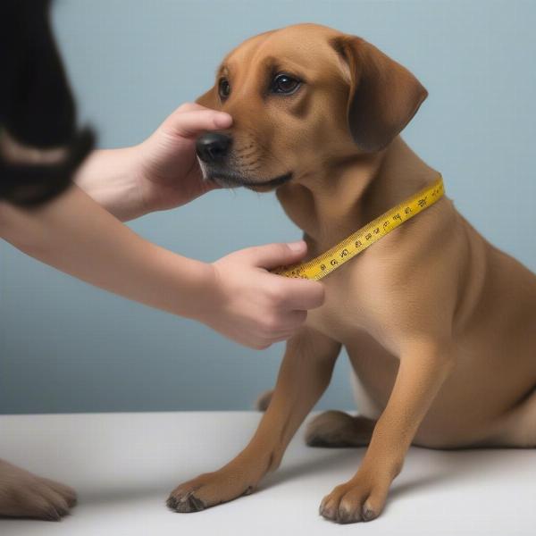 Measuring a dog for a varsity jacket