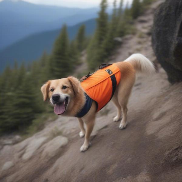 Dog wearing a vest while hiking.