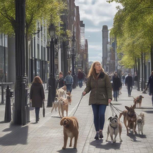 Dog walker navigating the busy streets of Dublin city centre