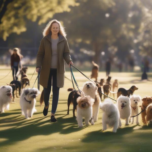 Dog walker leading a group walk in the park