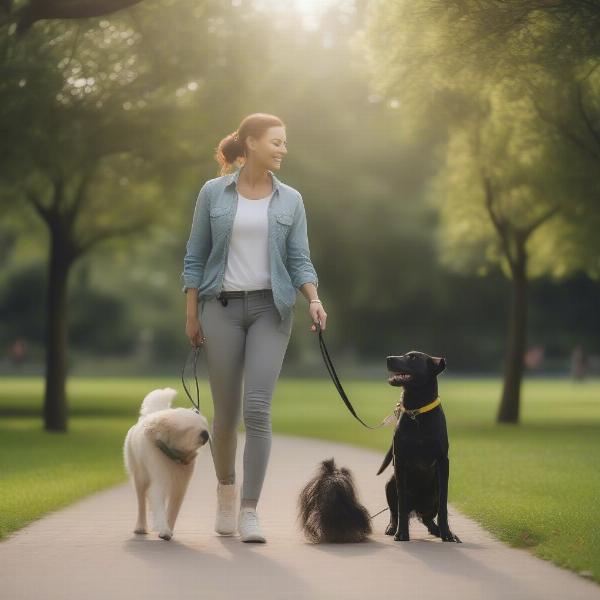 Dog walker practicing leash training in a park