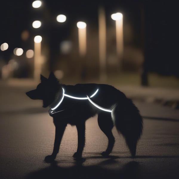 Dog walking safely at night with an illuminated collar