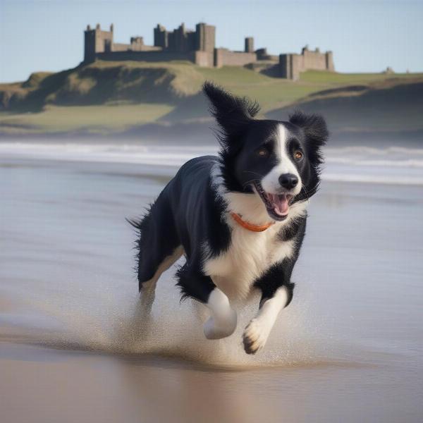 Dog enjoying a walk on Bamburgh beach