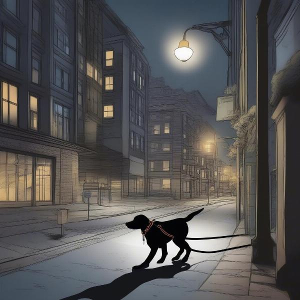 Dog walking in a city at night with a flashlight leash