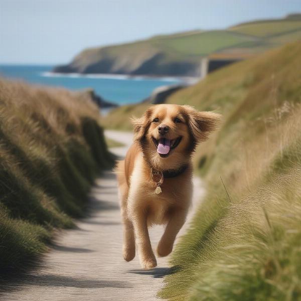 Dog enjoying a walk on the coastal path in Cornwall