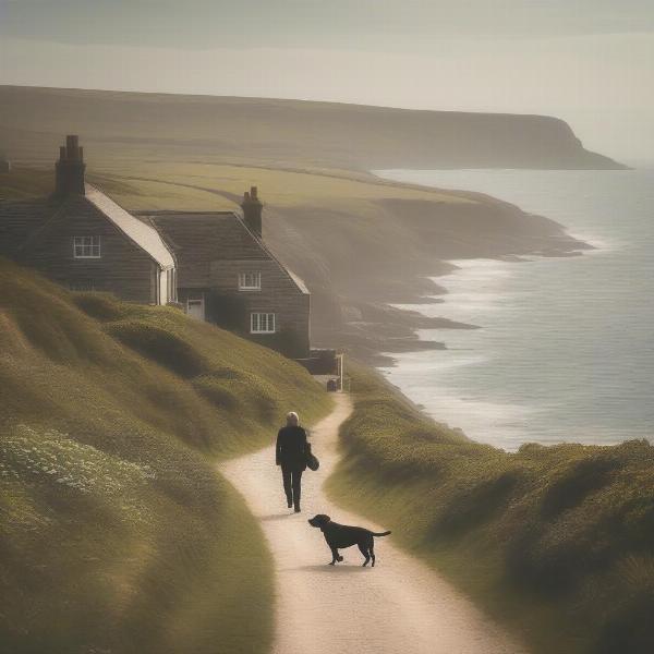 Dog being walked on a scenic coastal path near the cottage